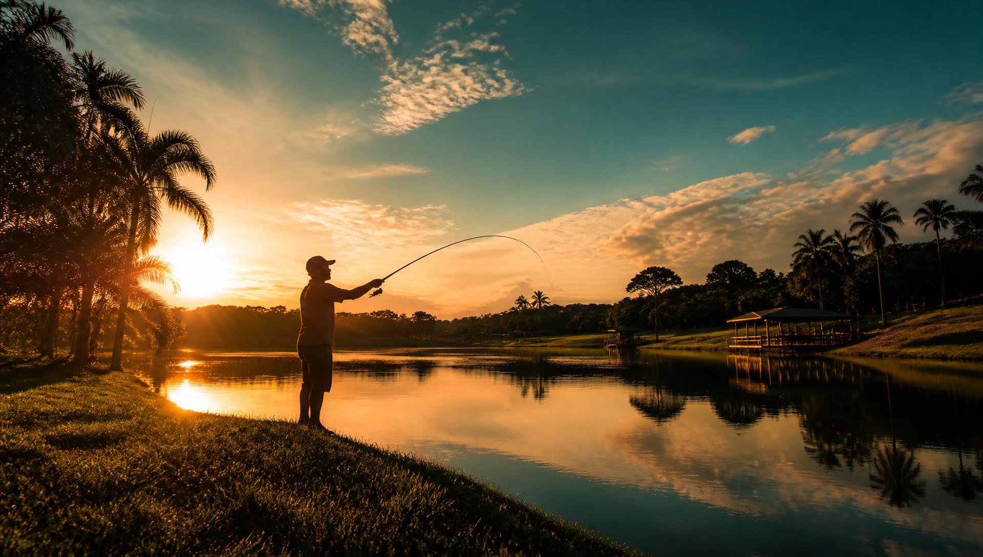 Pescador lançando a linha em uma das represas ao amanhecer
